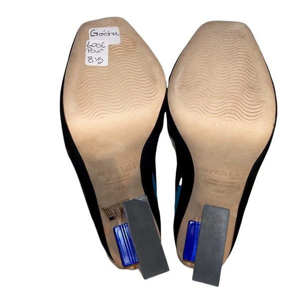 New Aperlai Geisha Mondrian Blue Suede Platform Heels Pumps Sz 38.5 Designer - Picture 10 of 13